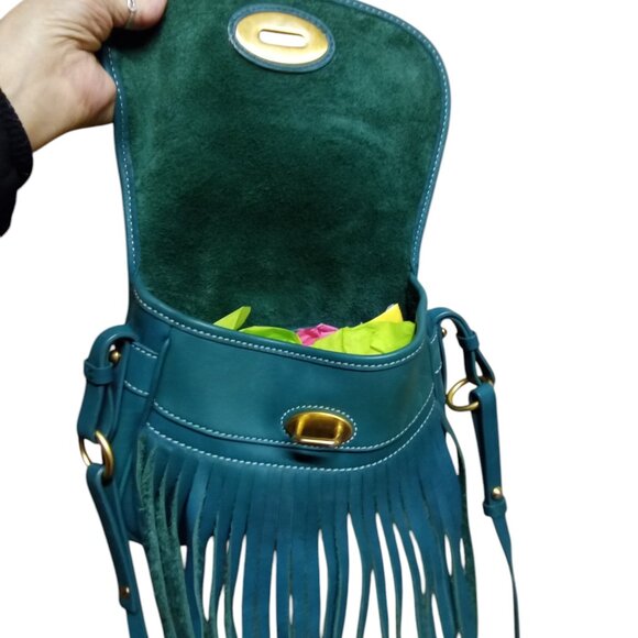 ROByNSAPI Dooney & Bourke RARE Teal  Fringe Leather Crossbody Shoulder Bag - Picture 11 of 12